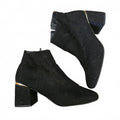 Black Suede Effect Ankle Boots with Gold Accent Heel - Size 39 UK 6, side zip, block heel