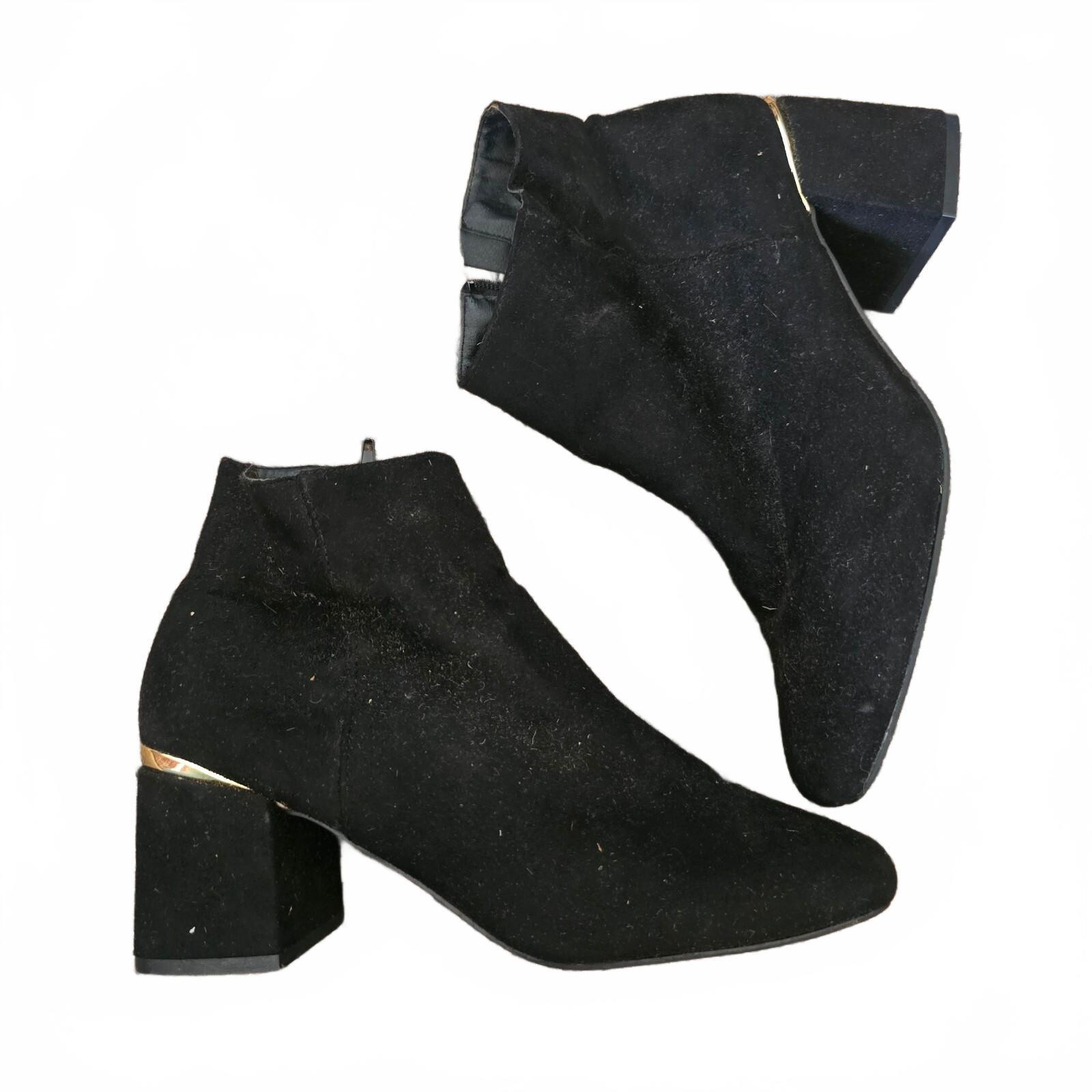 Black Suede Effect Ankle Boots with Gold Accent Heel - Size 39 UK 6, side zip, block heel