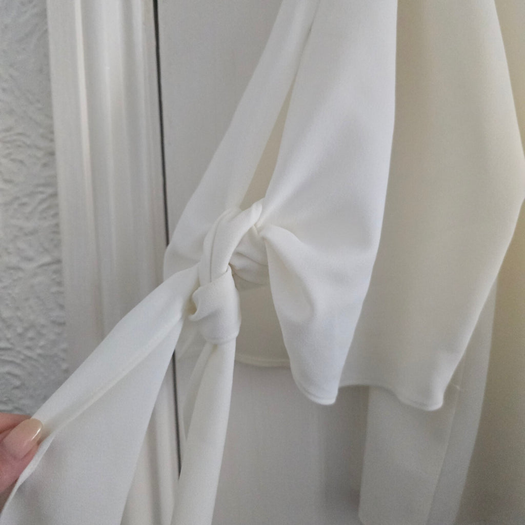 Zara Basic White V-Neck Blouse with Tie Sleeves - Size Small