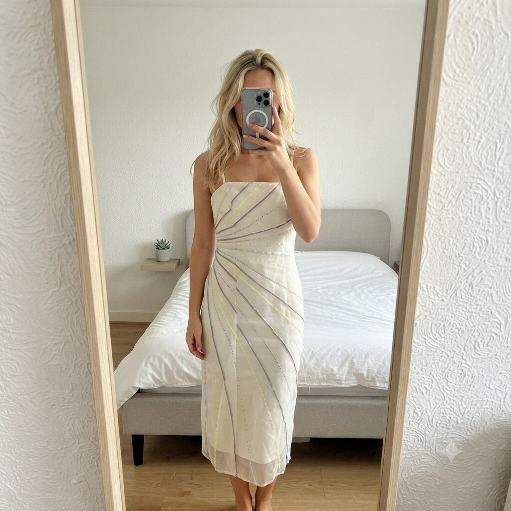 Coast Vintage Elegant White Evening Dress with Multicolour Striped Detail Size 8