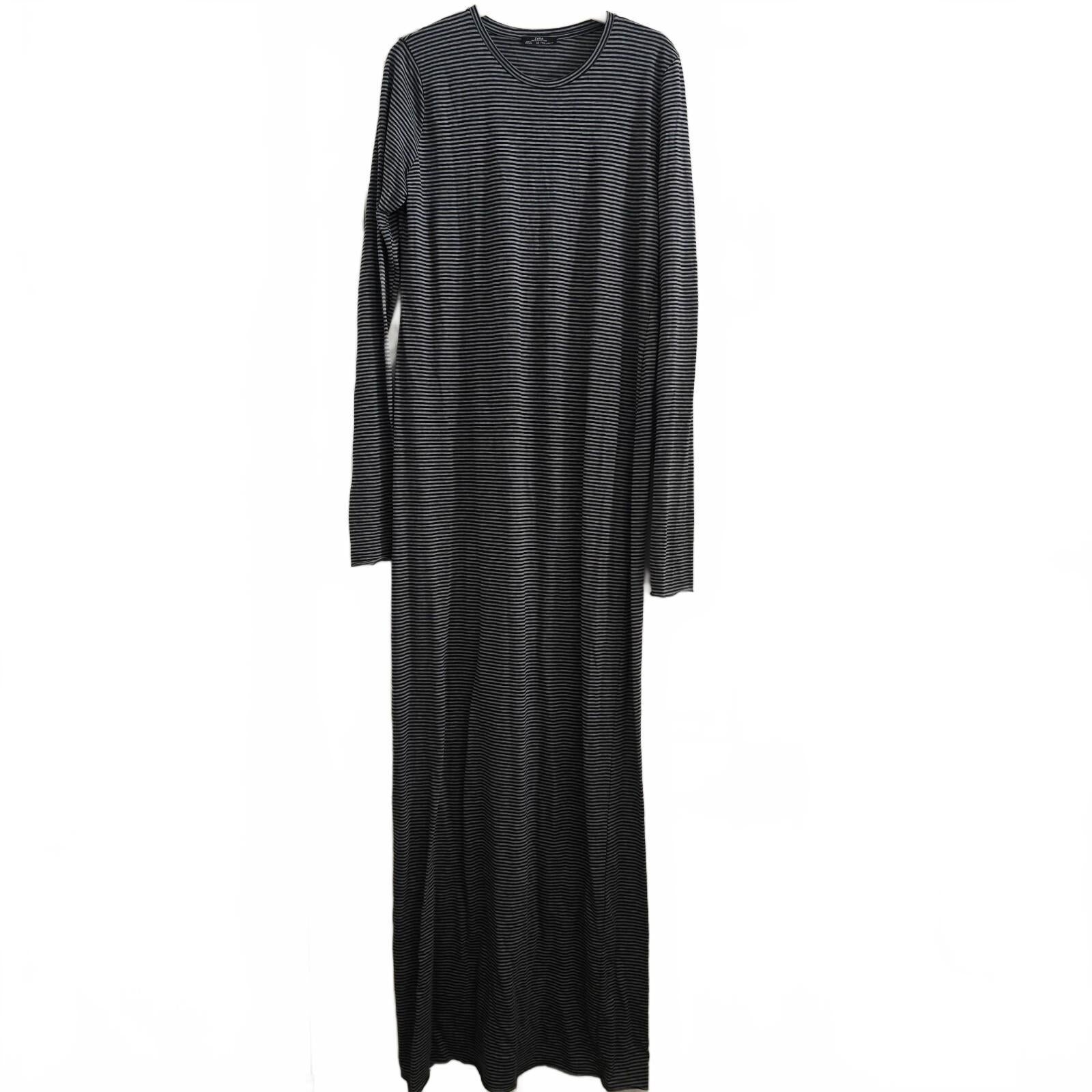 Zara Collection Long Sleeve Jersey Maxi Dress, Black and Grey Stripes,Size L