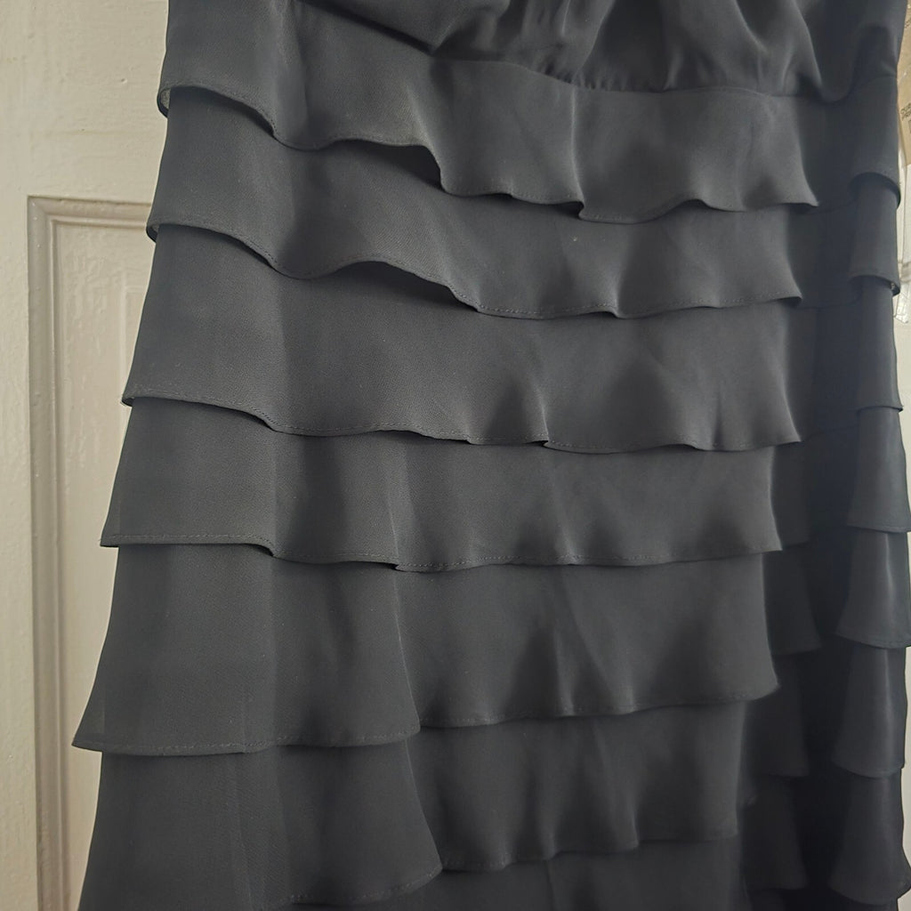 Black Tiered Ruffle Dress with Beaded Lace Cap Sleeves UK Size 12, BNWT