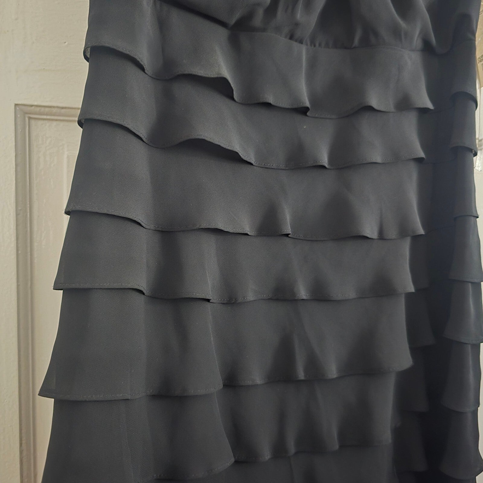 Black Tiered Ruffle Dress with Beaded Lace Cap Sleeves UK Size 12, BNWT