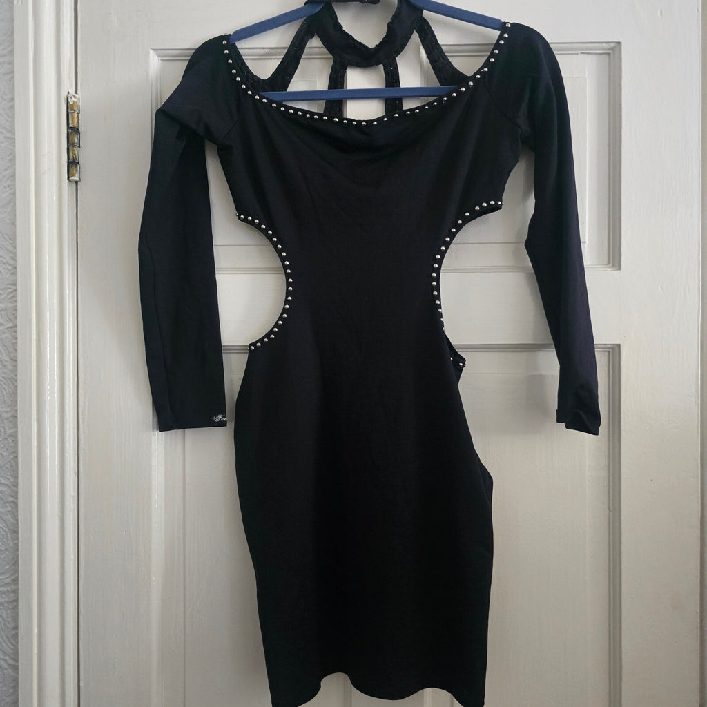 Feeling Black Studded Cut-Out Bodycon Dress Made in France, size S, rare