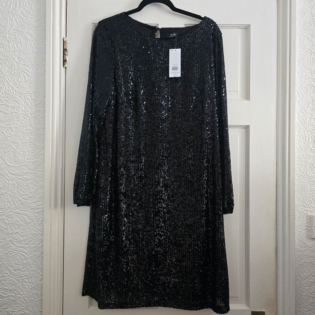 Wallis Black Sequin Long Sleeve Knee Length Dress UK 18 rrp £48 BNWT, sparkle