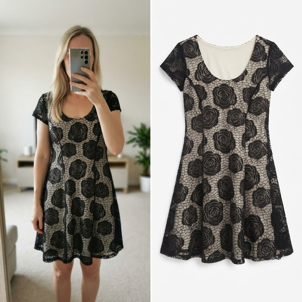 Izabel London Black Lace Overlay Dress with Floral Pattern, size 10, knee length