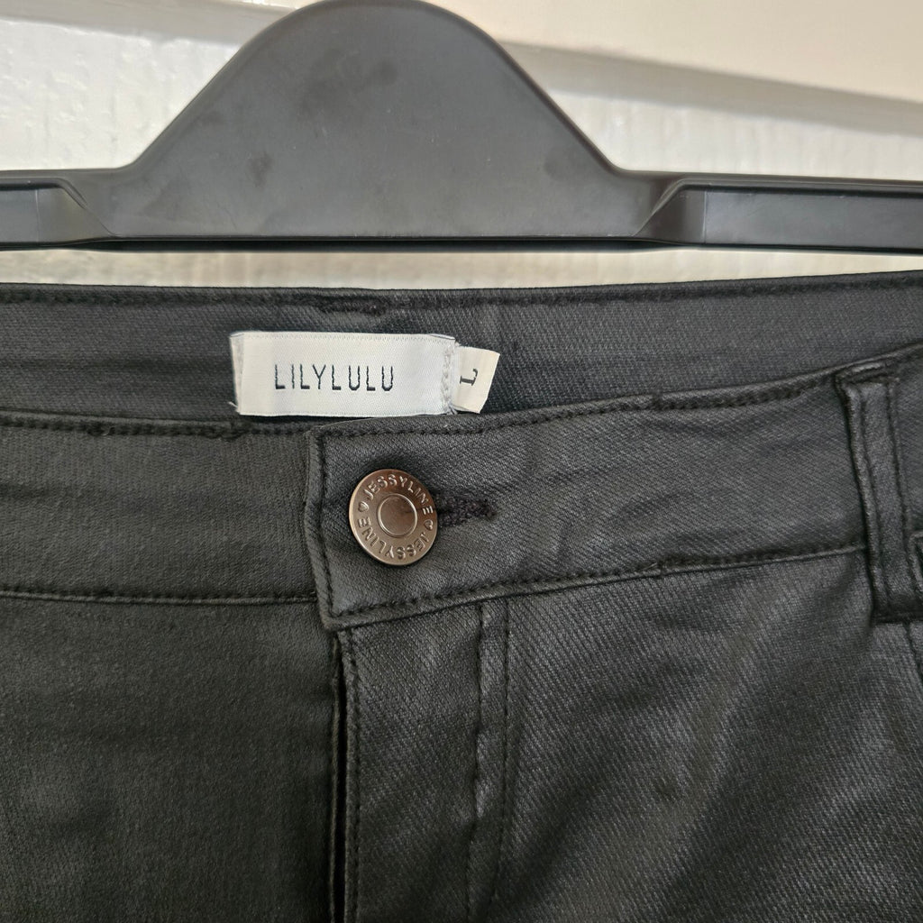 LilyLulu Black Coated High Waisted Stretch Black Skinny Jeans Trousers, Size L