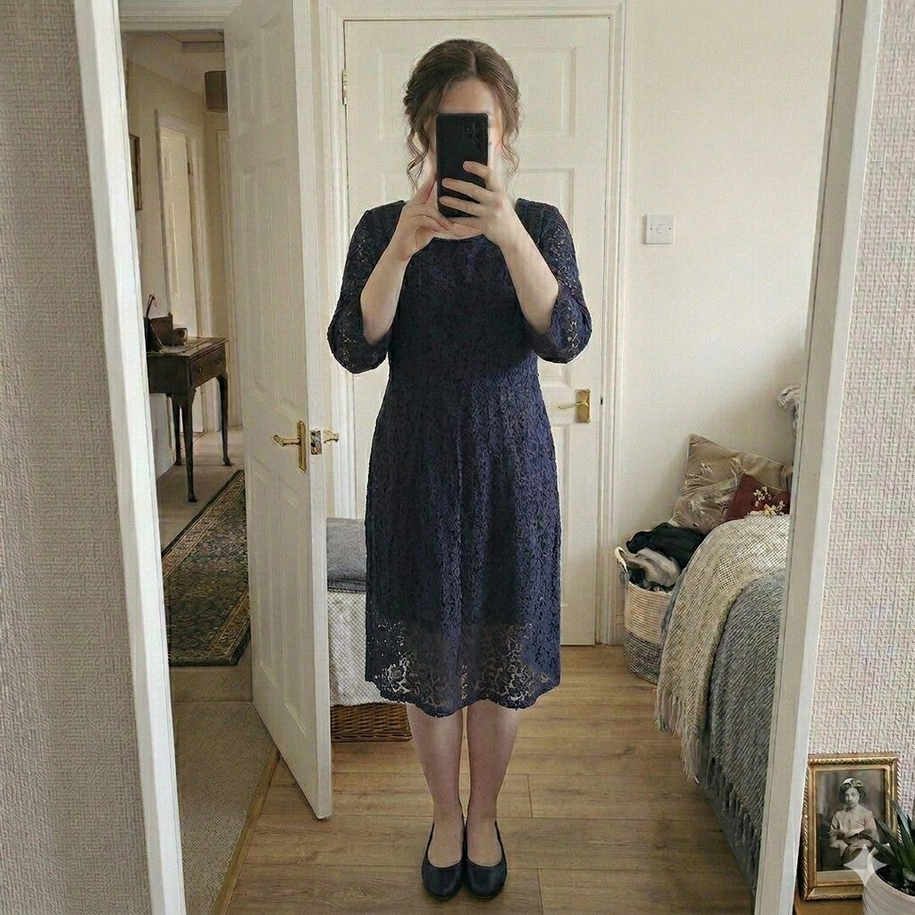 Cotton Traders Lace Fit & Flare Dress in Midnight Blue, Size 16, 3/4 sleeve BNWT