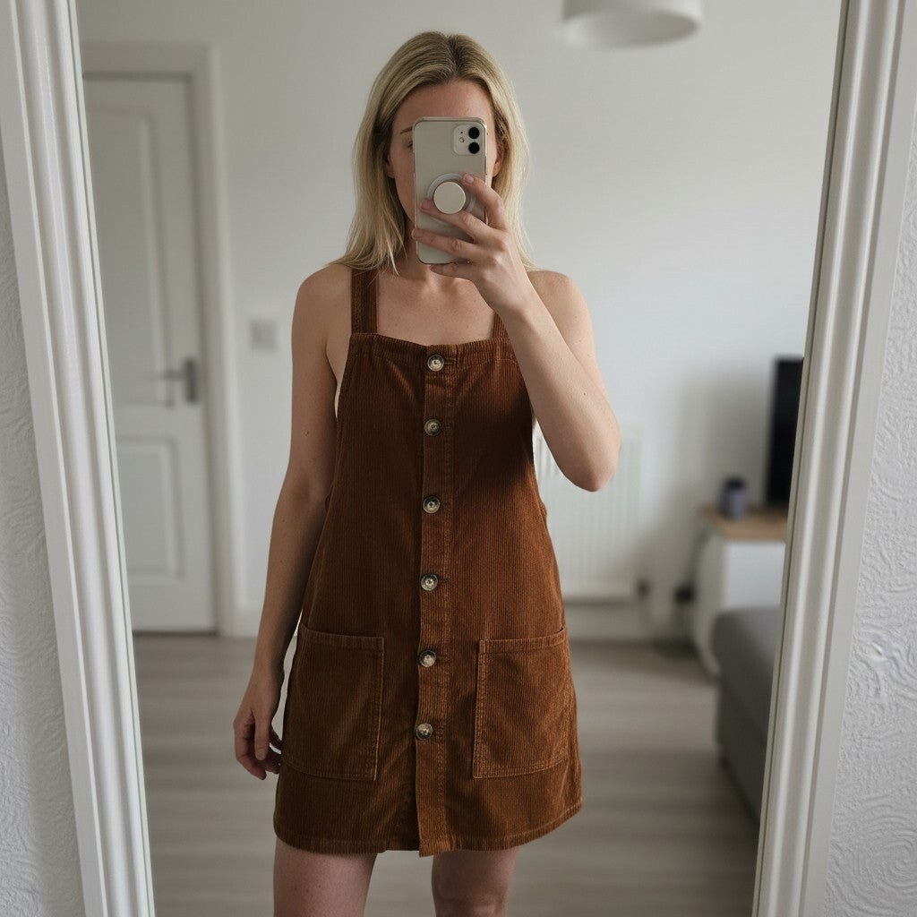 Corduroy brown/tan pinafore dress with button up front and pockets, size 10