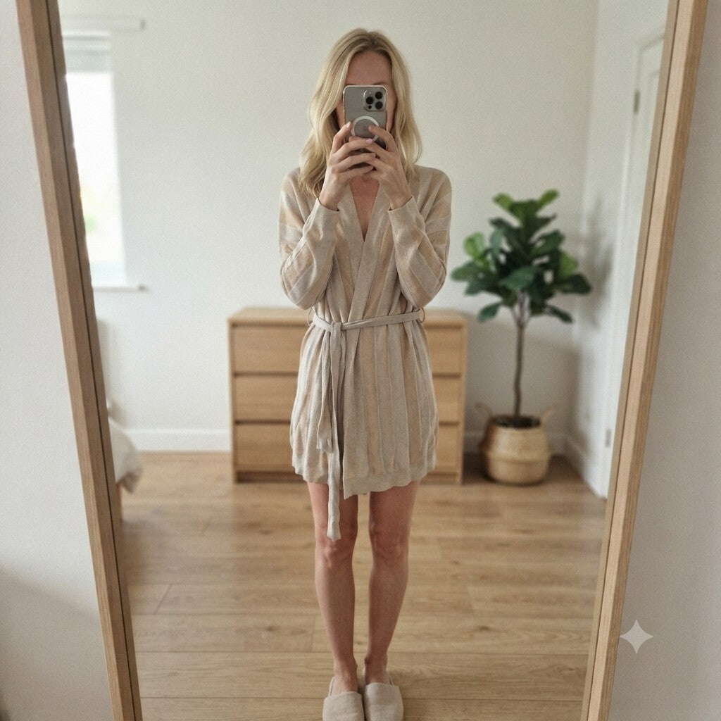 Adolfo Dominguez Lightweight Beige Cream Striped Knit Cardigan Belt, rrp £120 L