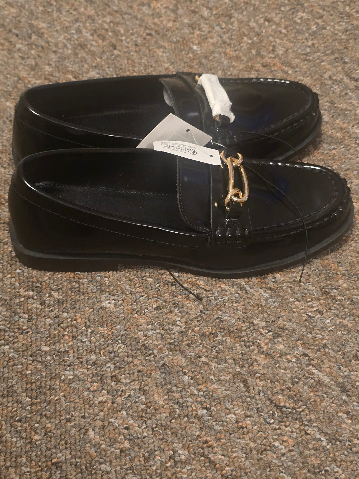 Black Patent Leather Loafers with Gold Chain Detail, bnwt, H&M Size 5, current