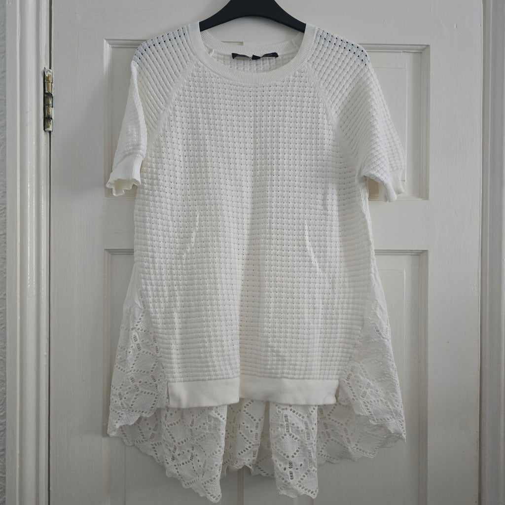 French Connection White Textured Knit Top with Lace Hem, Size S