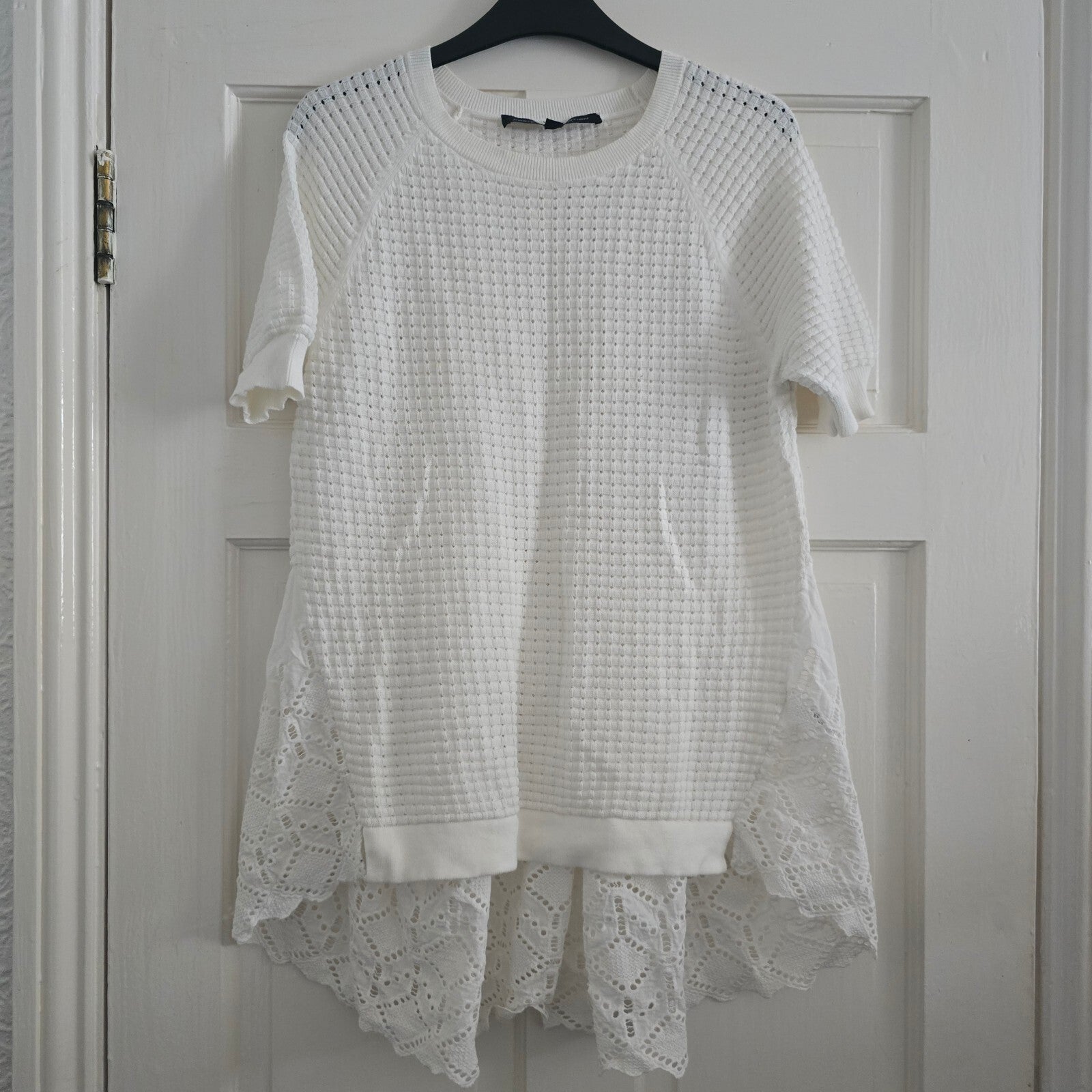 French Connection White Textured Knit Top with Lace Hem, Size S