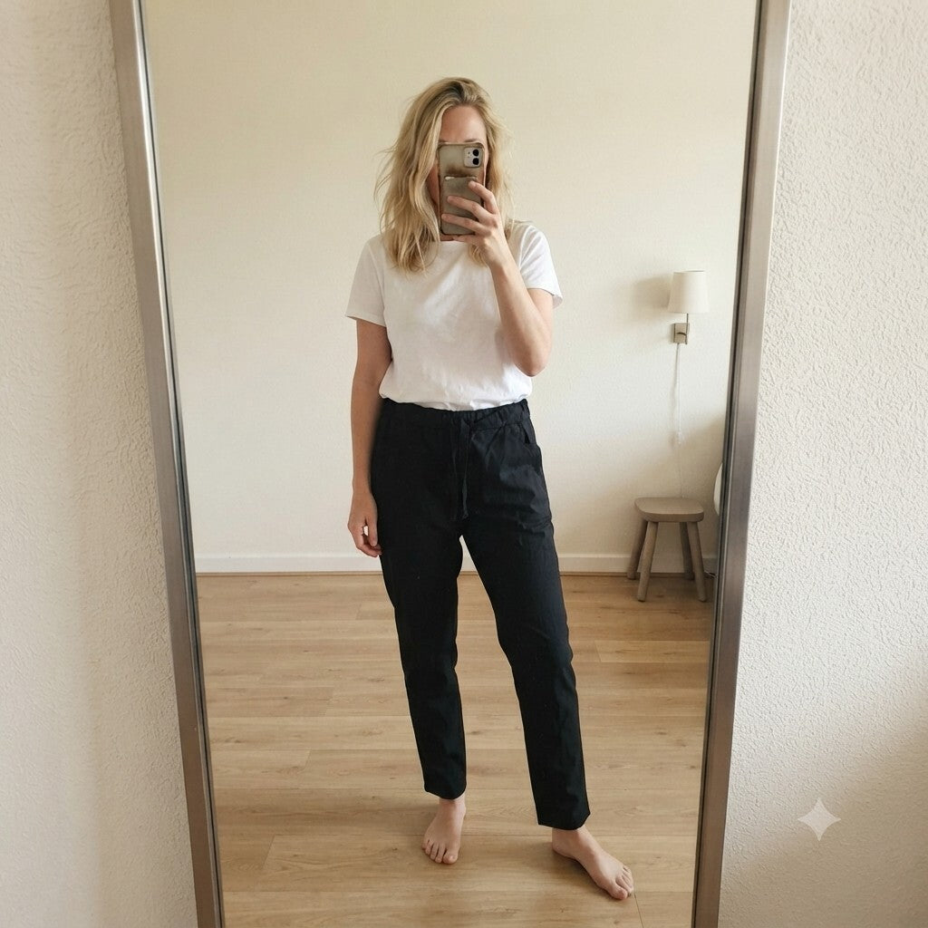 DKK Black Elastic Waist Trousers Drawstring, size M, stretch tailored material