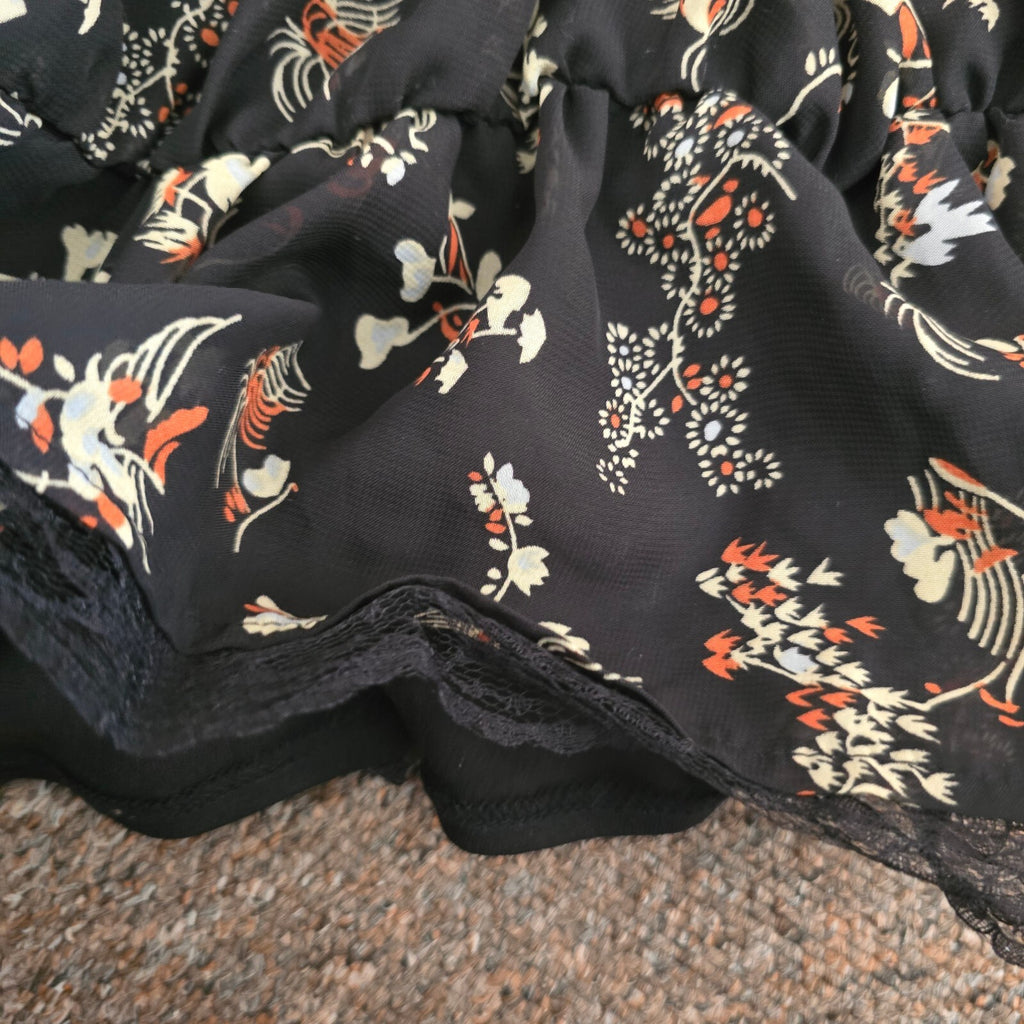 Evie Black Floral Tiered Mini Skirt with Lace Trim UK Size 10, BNWT, boho