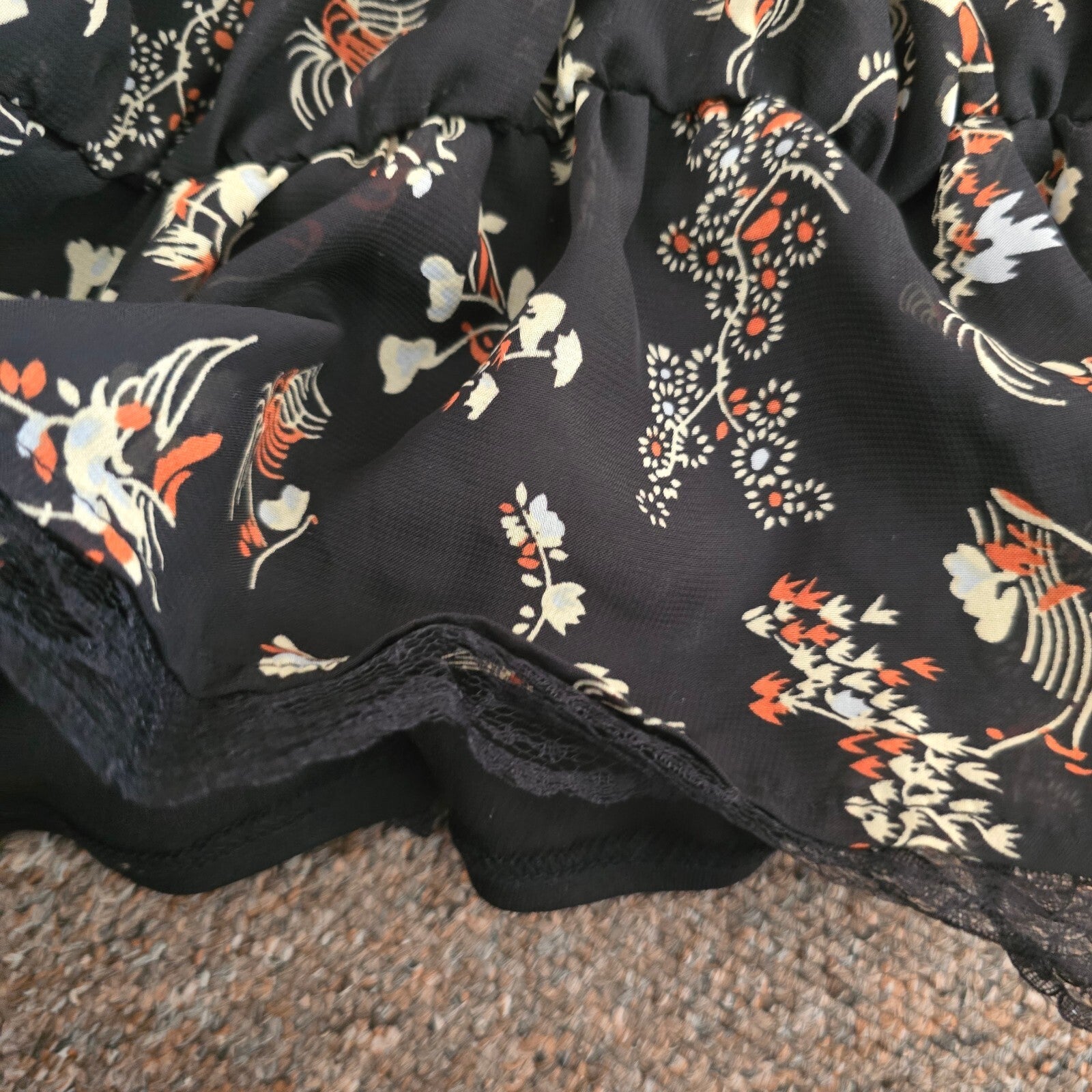 Evie Black Floral Tiered Mini Skirt with Lace Trim UK Size 10, BNWT, boho