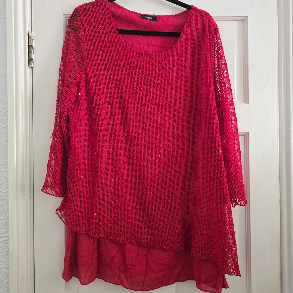 Klass Red Sequined Layered Blouse Top Relaxed Fit Size L, viscose mix