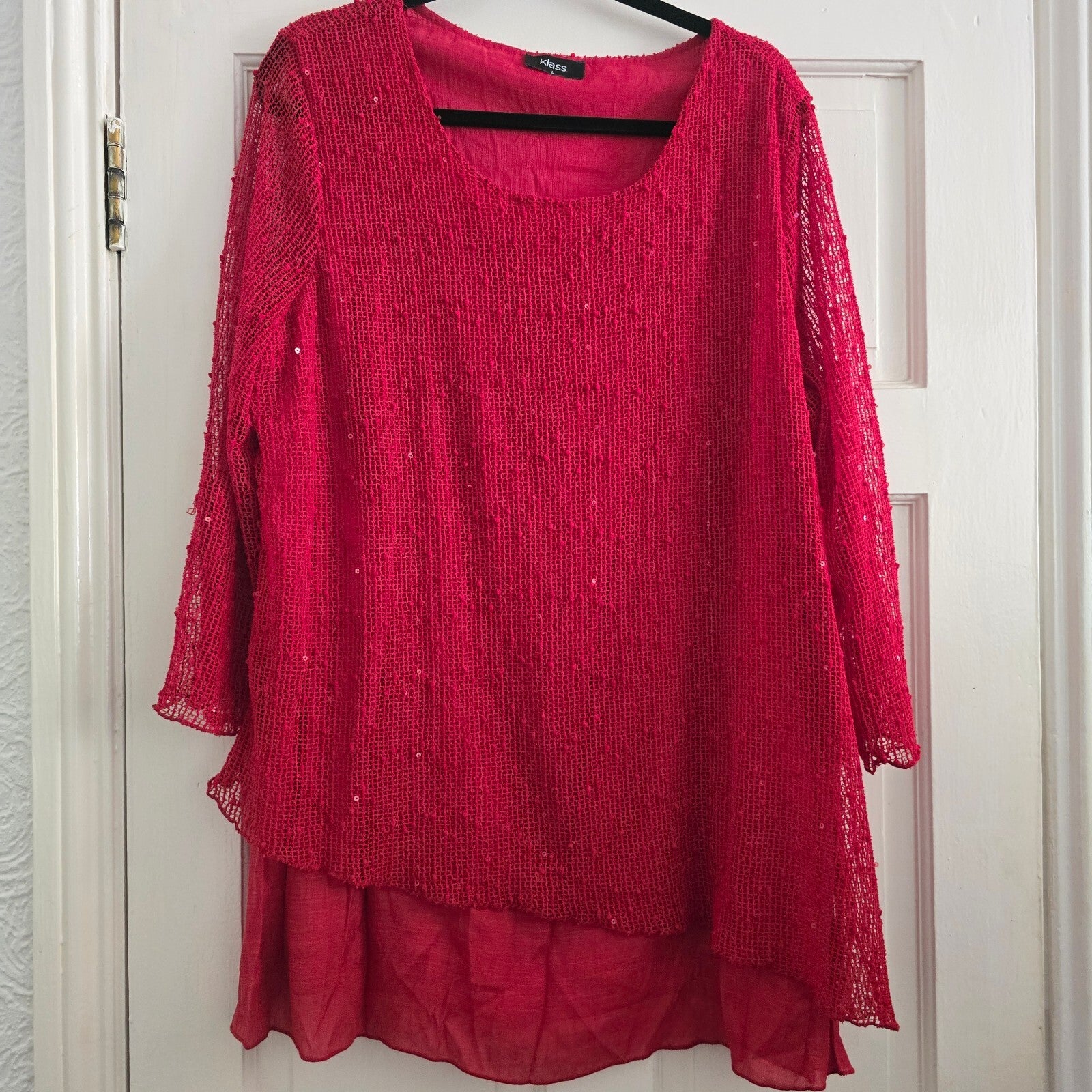 Klass Red Sequined Layered Blouse Top Relaxed Fit Size L, viscose mix
