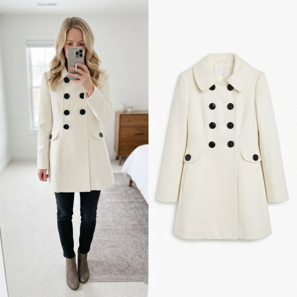 Marks & Spencer Cream Double-Breasted Pea Coat with Black Buttons Size 10P