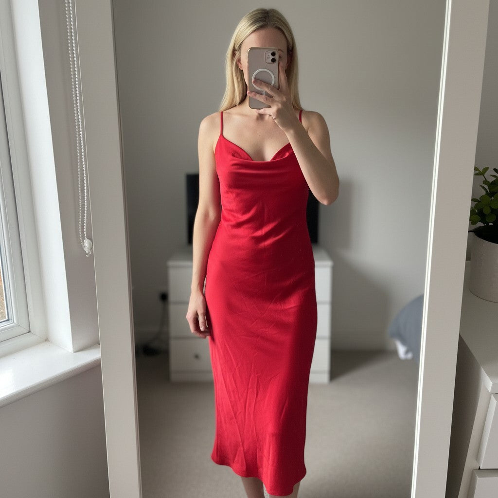 Asos Design Red cowl neck strappy midi jersey bodycon dress, size 10, bnwt