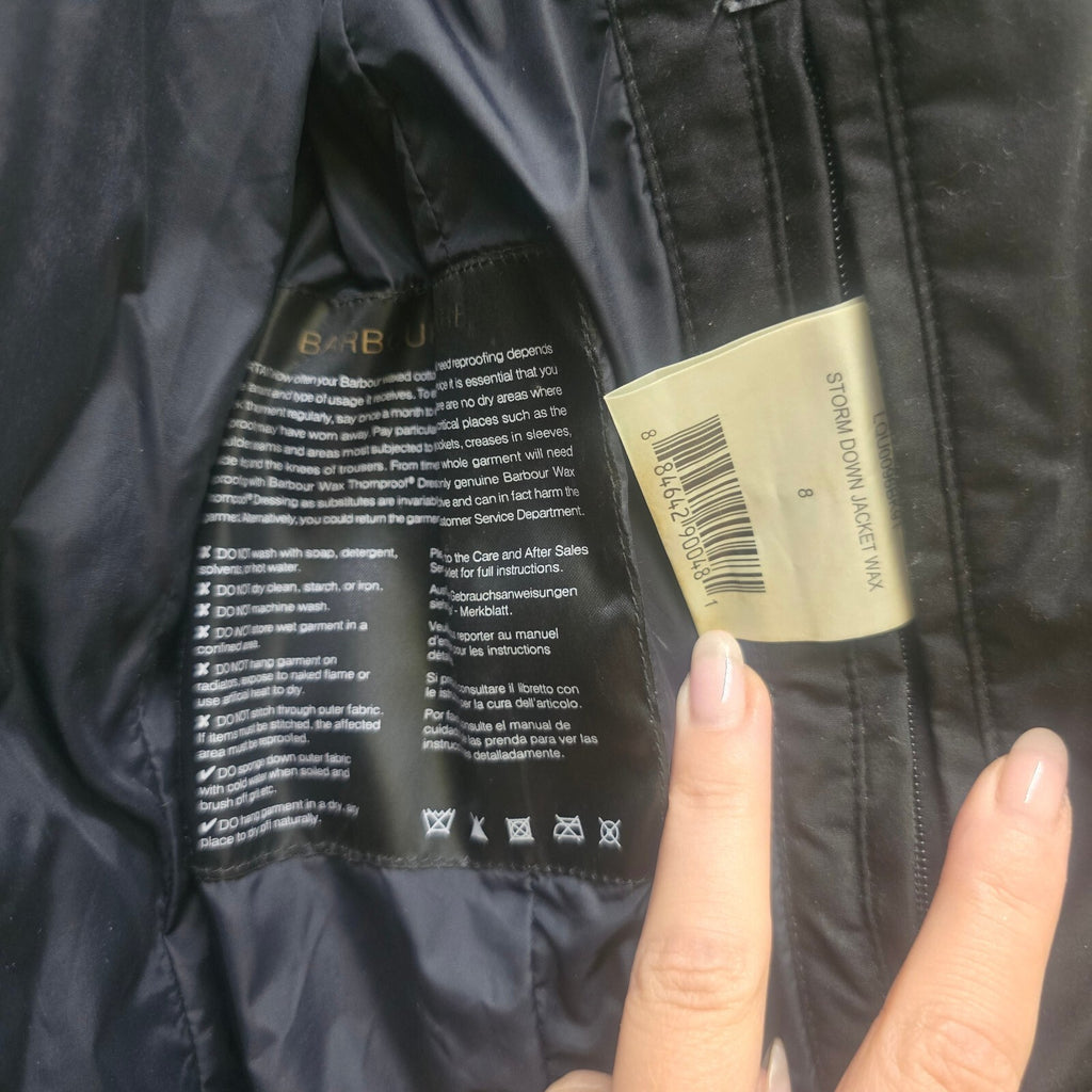 Barbour Storm Down Waterproof Wax Jacket with Faux Fur Hood Trim - UK Size 8