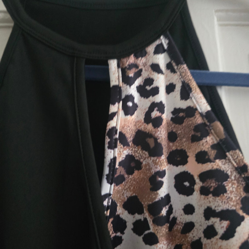 Black and Leopard Print Sleeveless Tank Top Size L, activewear, gym, stretch