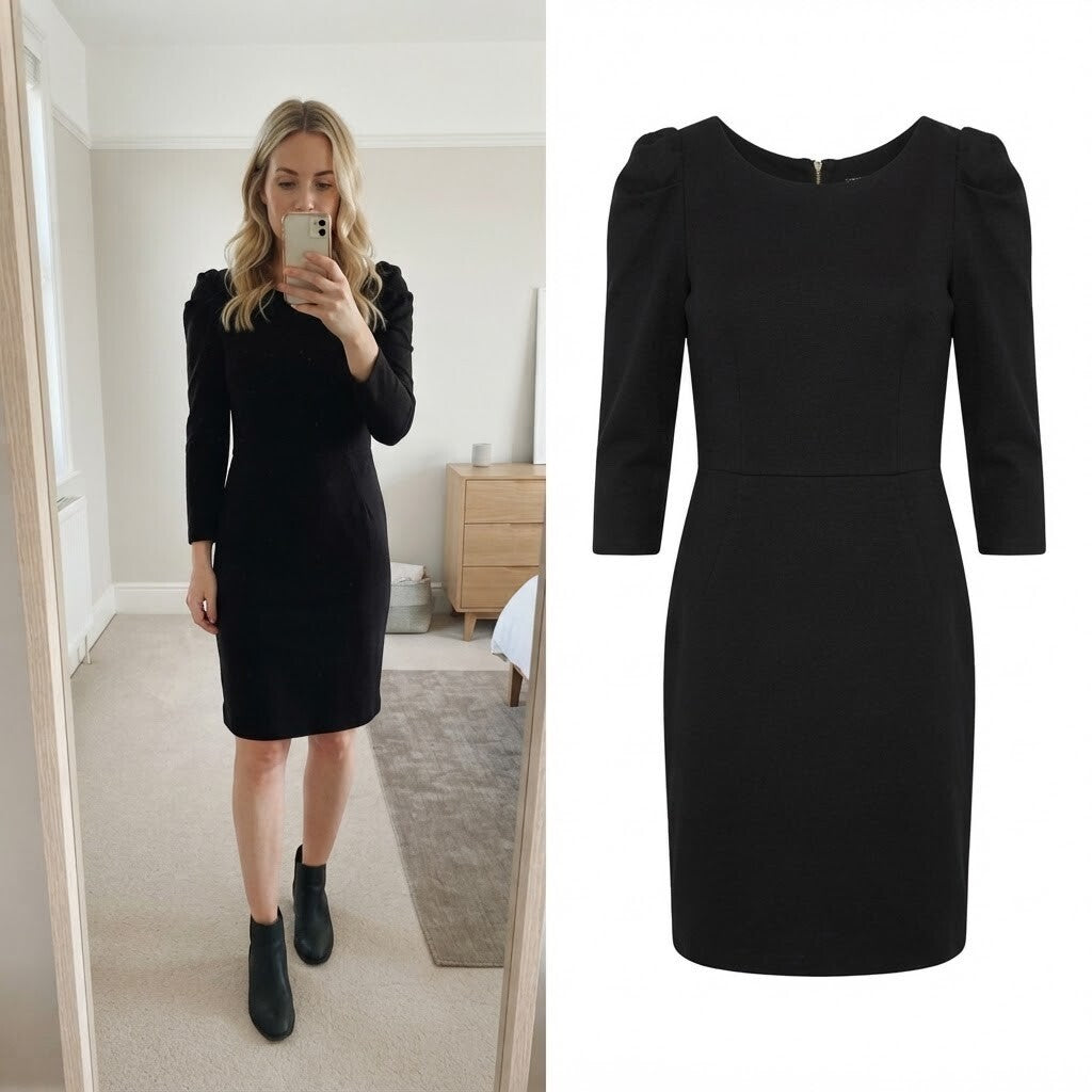 Topshop Black Puff Sleeve Midi Dress with Back Zipper, Size UK 8, vintage