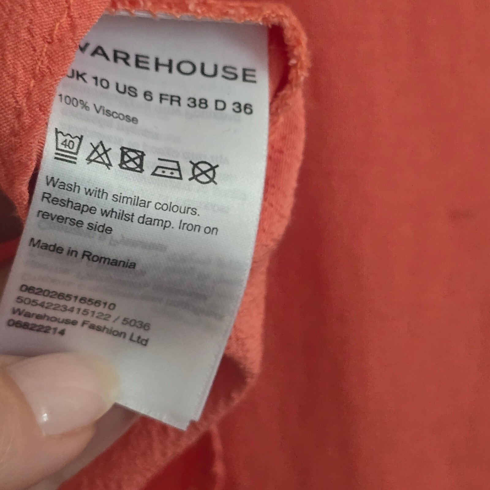 Warehouse Sleeveless Coral Viscose Top Blouse, Tie back neck, UK 10
