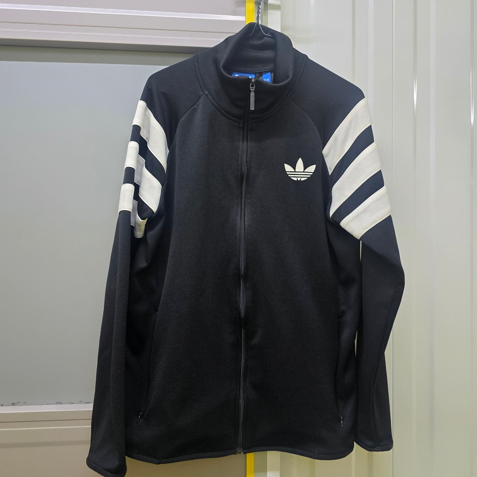 Adidas Originals Vintage Black Track Jacket, White Striped Sleeves, Trefoil Logo