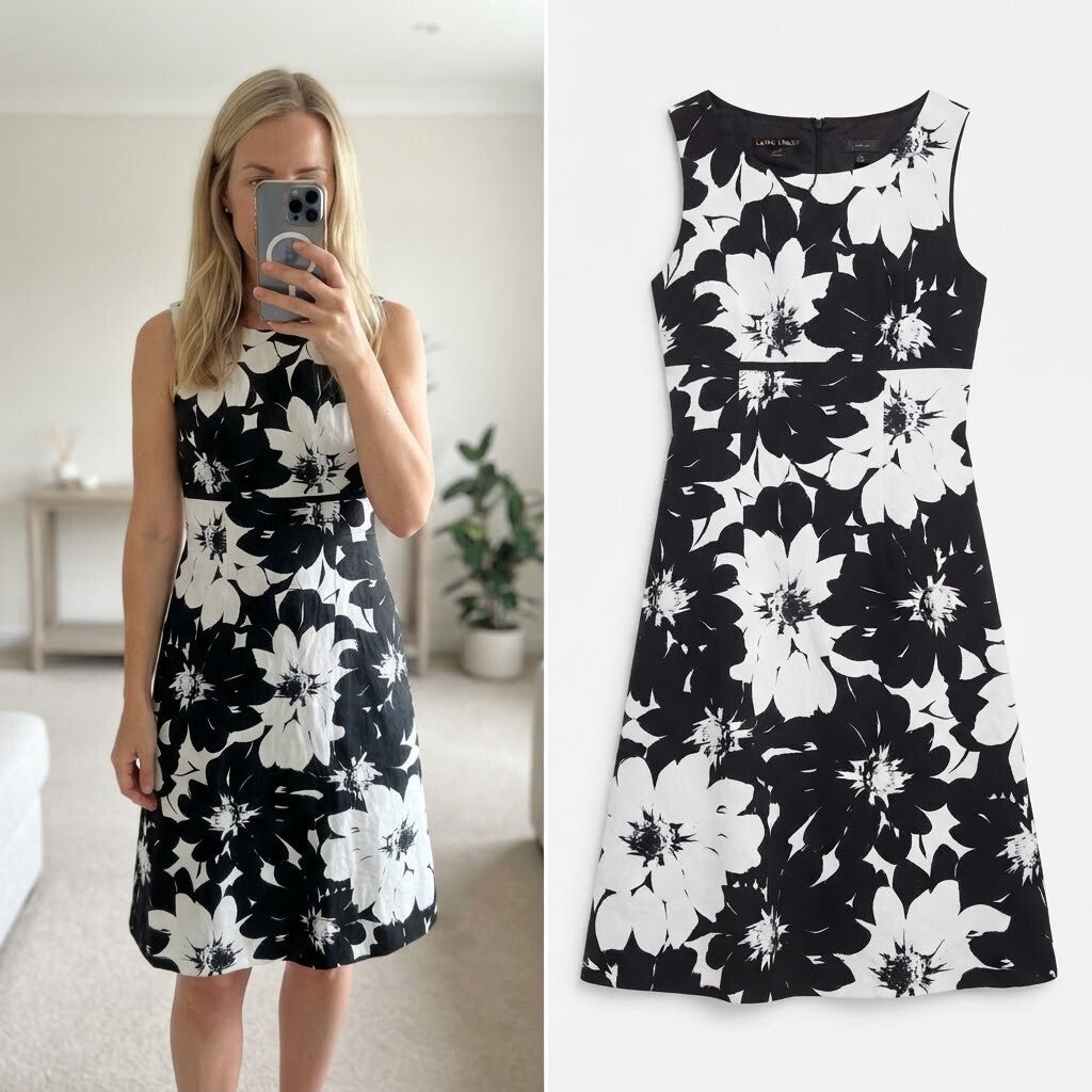 Laura Ashley Black and White Floral Sleeveless Dress UK 8, linen mix, lined