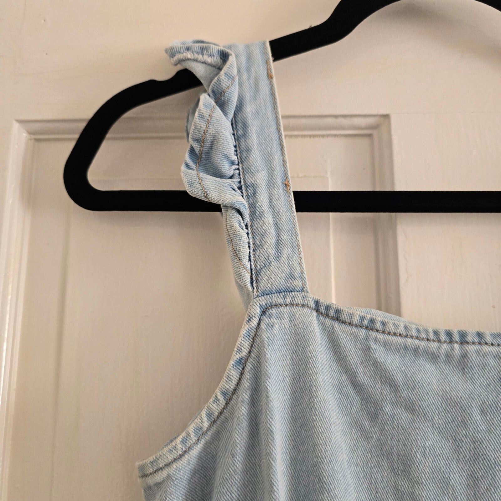 New Look Denim Light Blue Ruffle Strap Jumpsuit UK Size 8, wide cropped leg