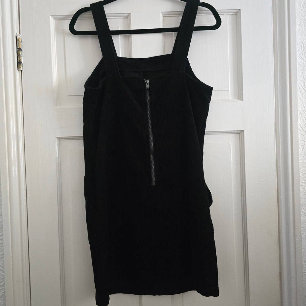 New Look Black Corduroy Pinafore Dress with Front Pockets, UK Size 10
