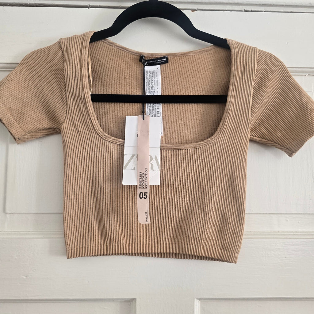 Zara Ribbed Beige Crop Top XS-S, square neck, basic, capsule wardrobe BNWT