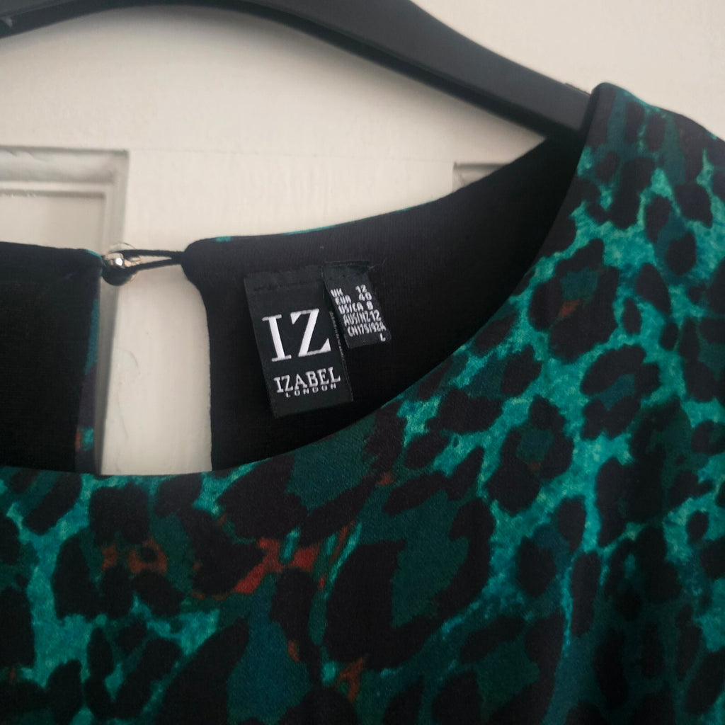 IZABEL London Green and Brown Animal Print Long Sleeve Dip Hem Dress size 12