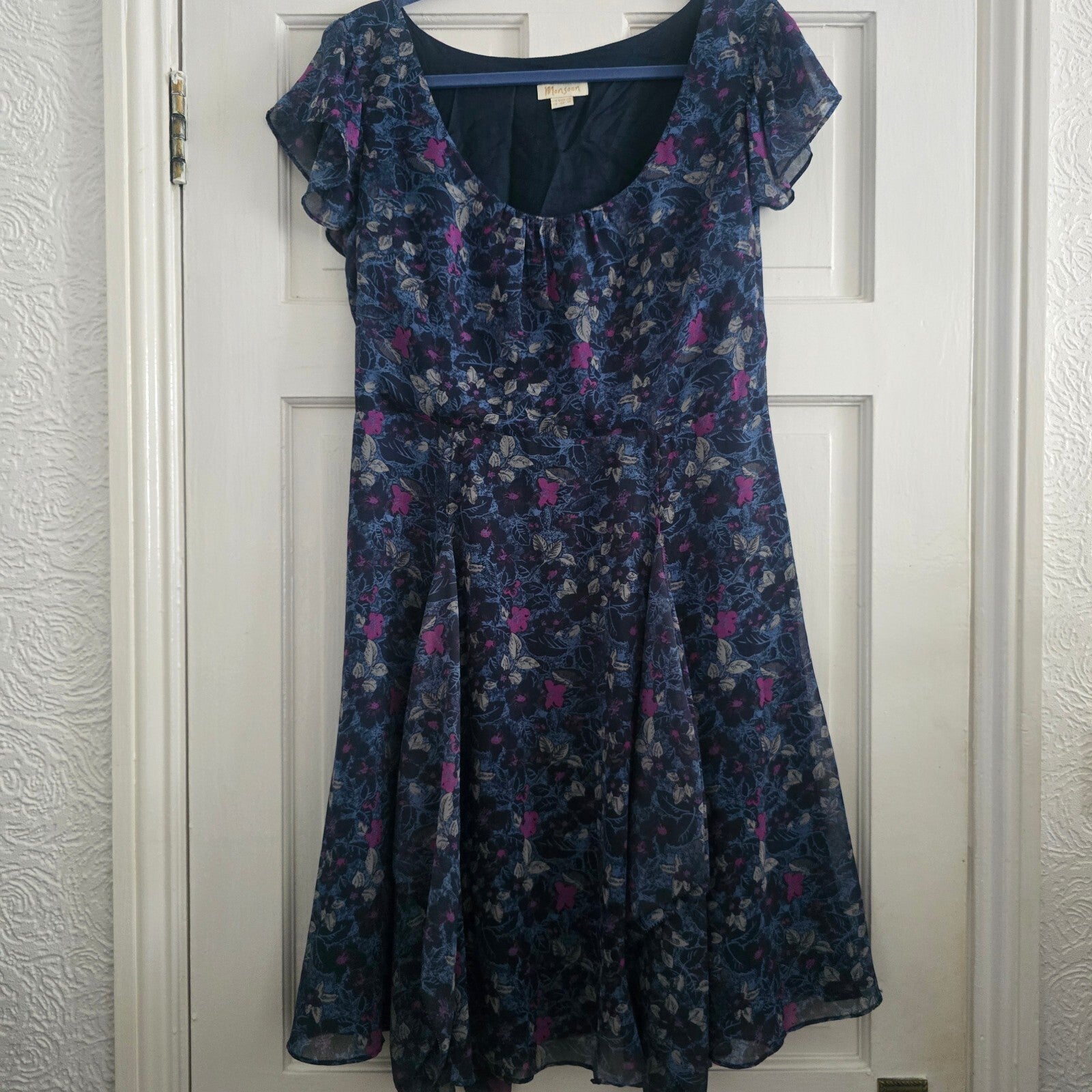 Monsoon Floral Pattern Blue and Pink Short Sleeve A Line Knee Length Dress UK14