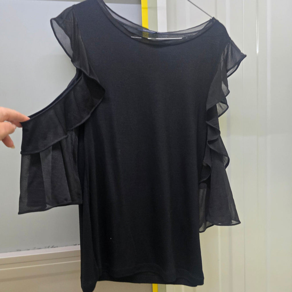 French Connection Black Sheer Ruffle Sleeve Top XS, cold shoulder