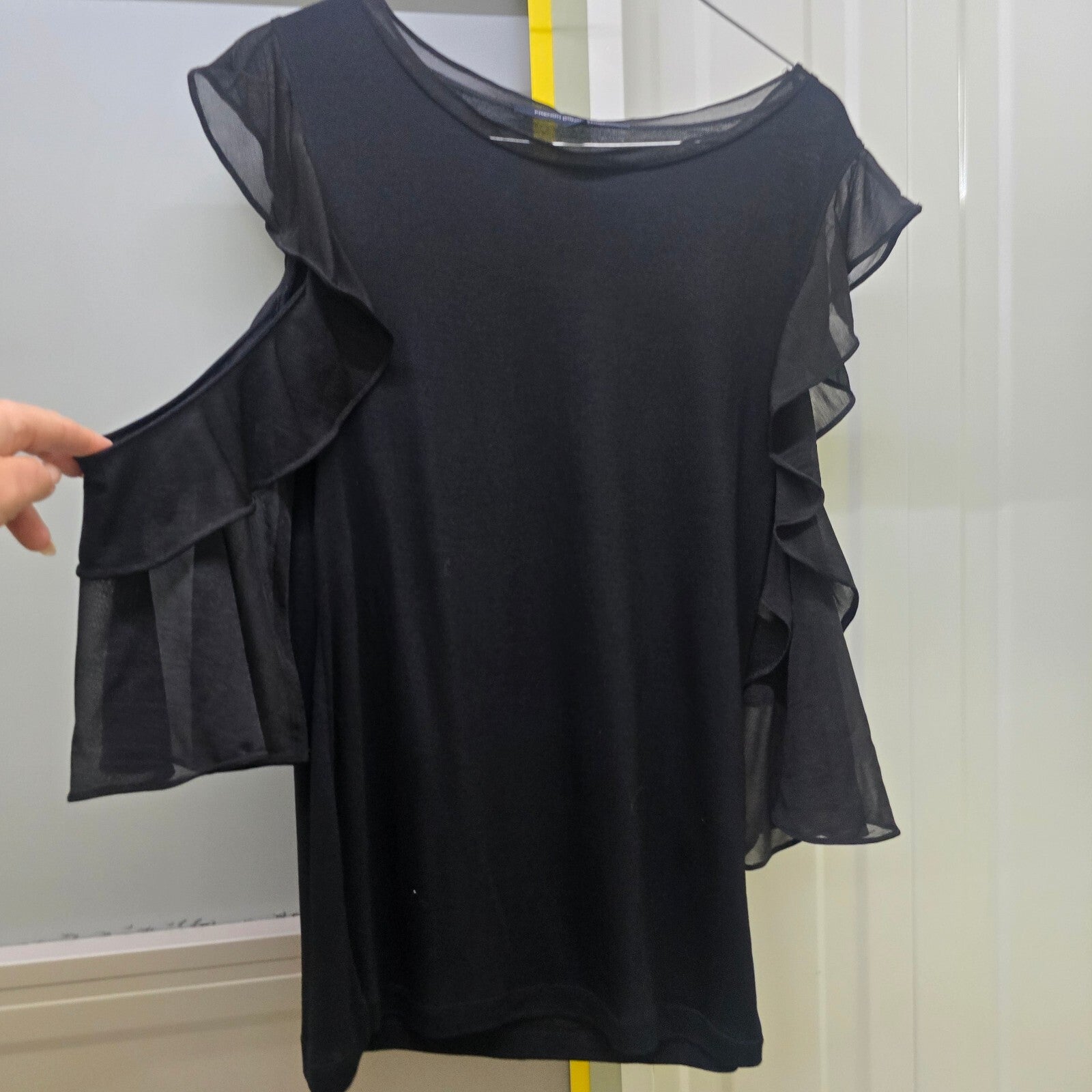 French Connection Black Sheer Ruffle Sleeve Top XS, cold shoulder
