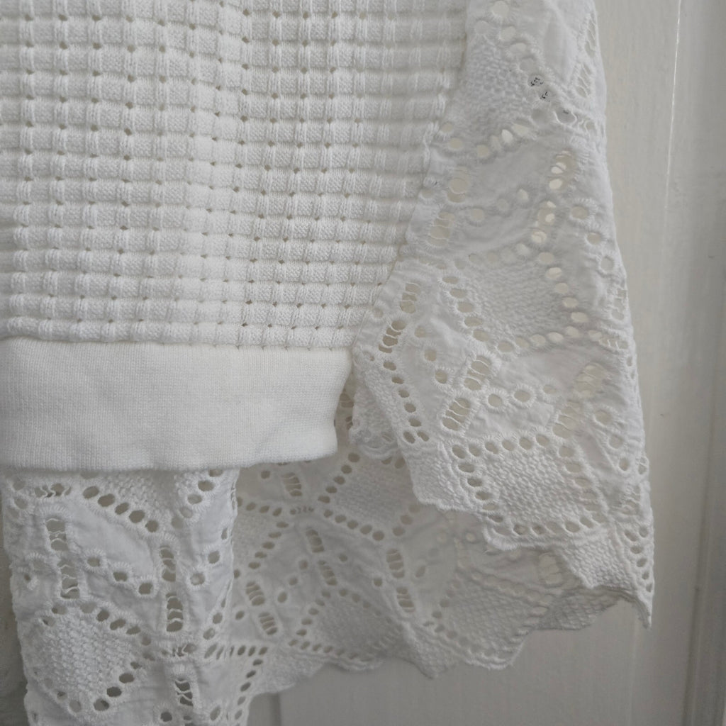 French Connection White Textured Knit Top with Lace Hem, Size S