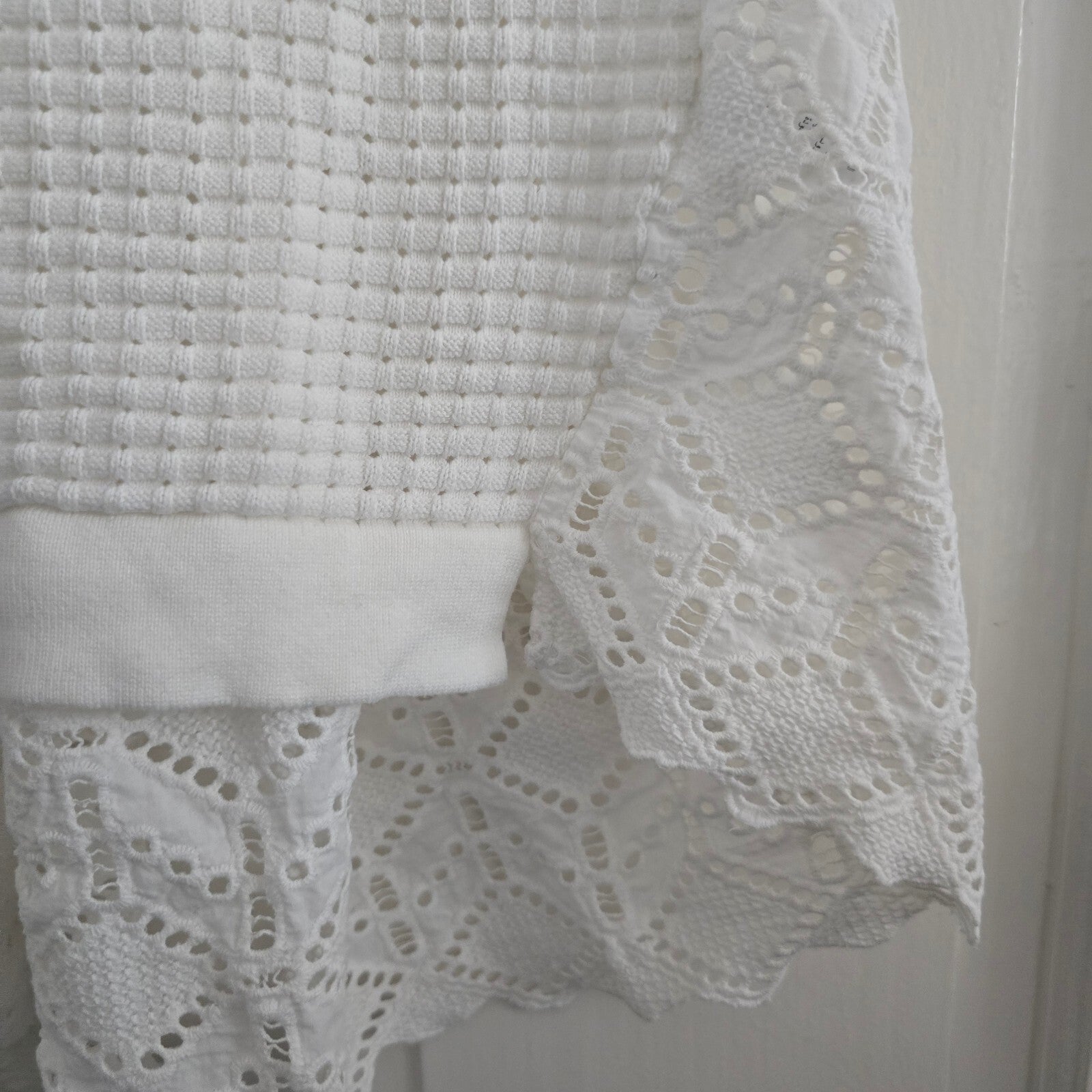 French Connection White Textured Knit Top with Lace Hem, Size S