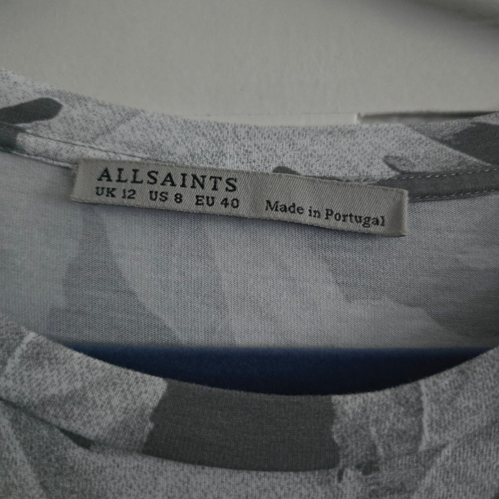 AllSaints Base Zonia Dress UK 12 US 8 EU 40 Grey Leaf Print Sleeveless