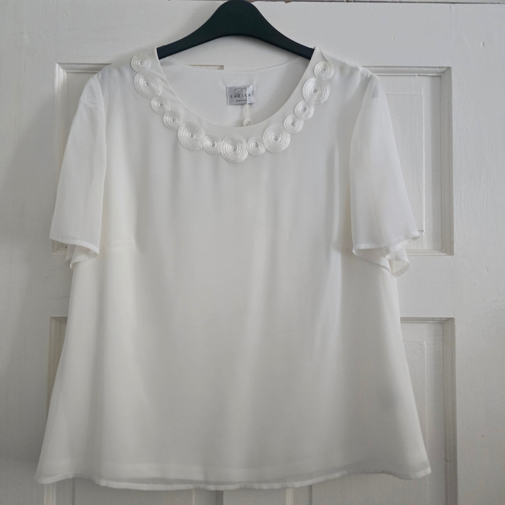 Eastex White Blouse, short sleeve top with Decorative Neckline, UK Size 12