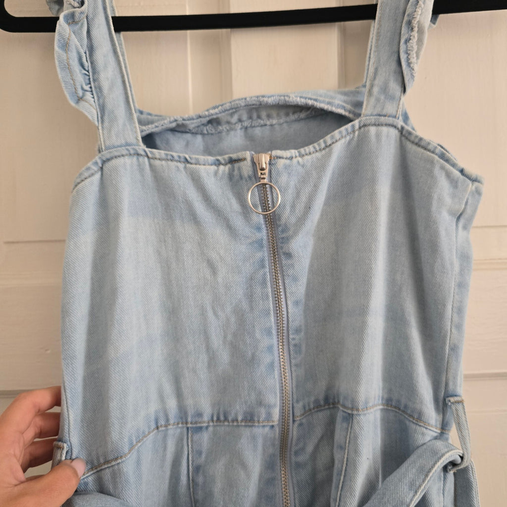 New Look Denim Light Blue Ruffle Strap Jumpsuit UK Size 8, wide cropped leg