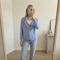 COS Light Blue Cotton Button-Up Cardigan with Drawstring Collar Size L, relaxed