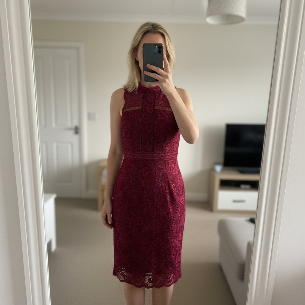 Topshop burgundy sleeveless lace mini dress with high neck, size 10, wedding