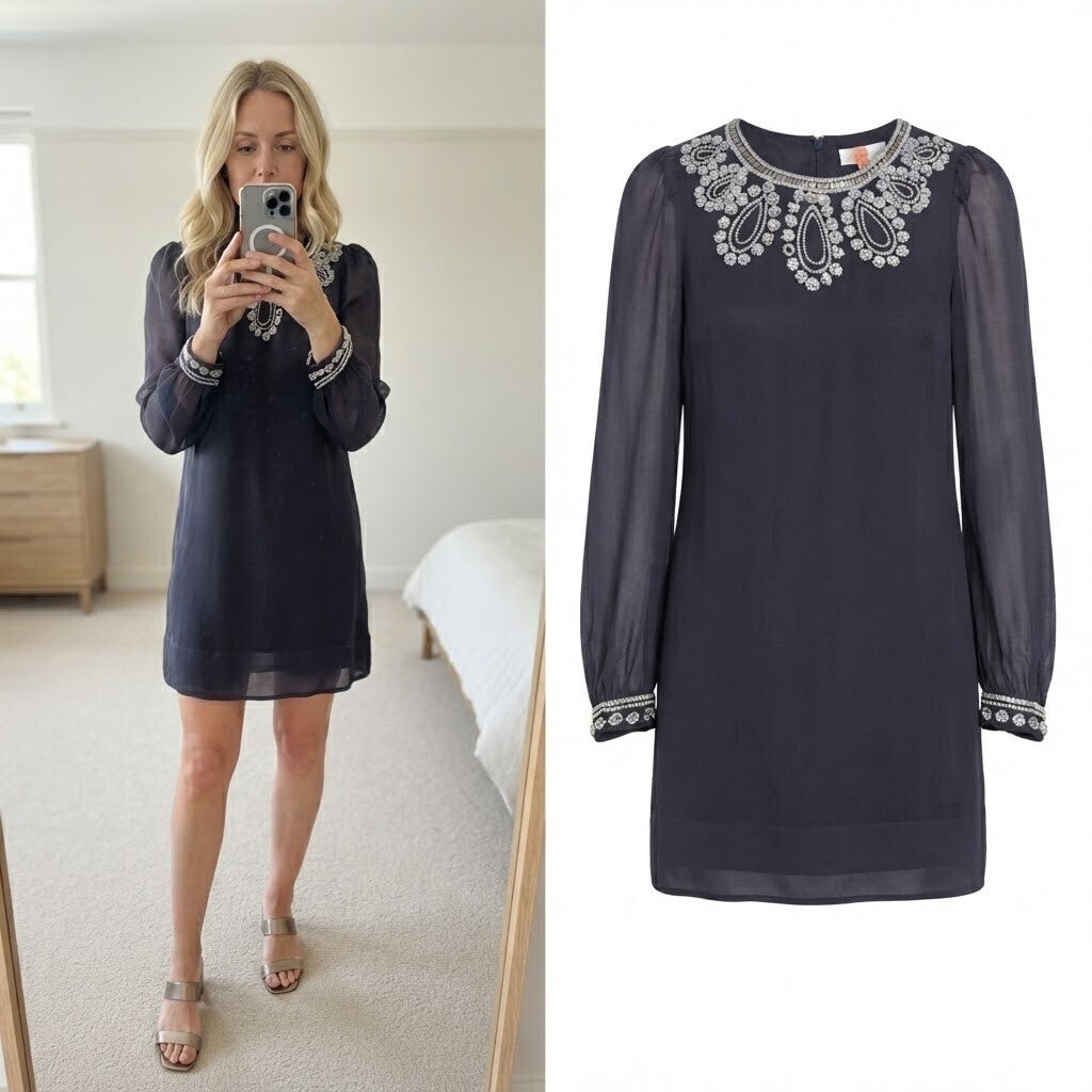 French Connection Embellished Navy Dress Size 8, sheer sleeves, tunic style