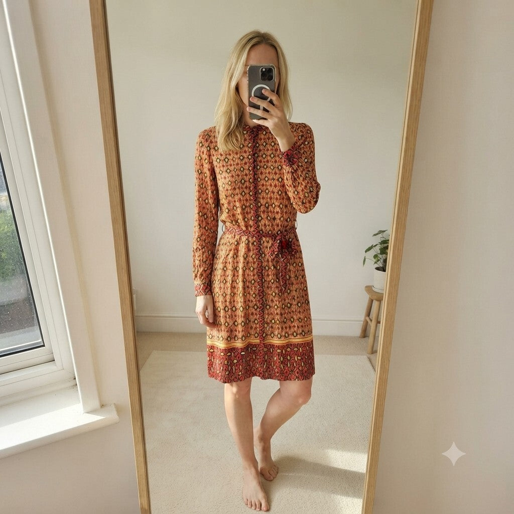 Zara Woman Patterned Long Sleeve Dress with Belt Size EUR S / UK 8