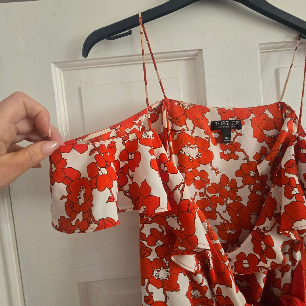 Topshop Red Floral Wrap Dress with Ruffle Detail and Tie Waist, UK 10