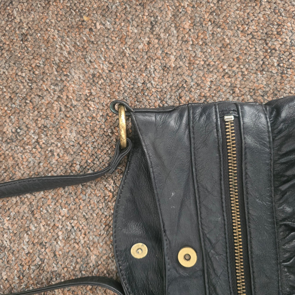 Warehouse Small Black Leather Crossbody Bag with Tassel Detail