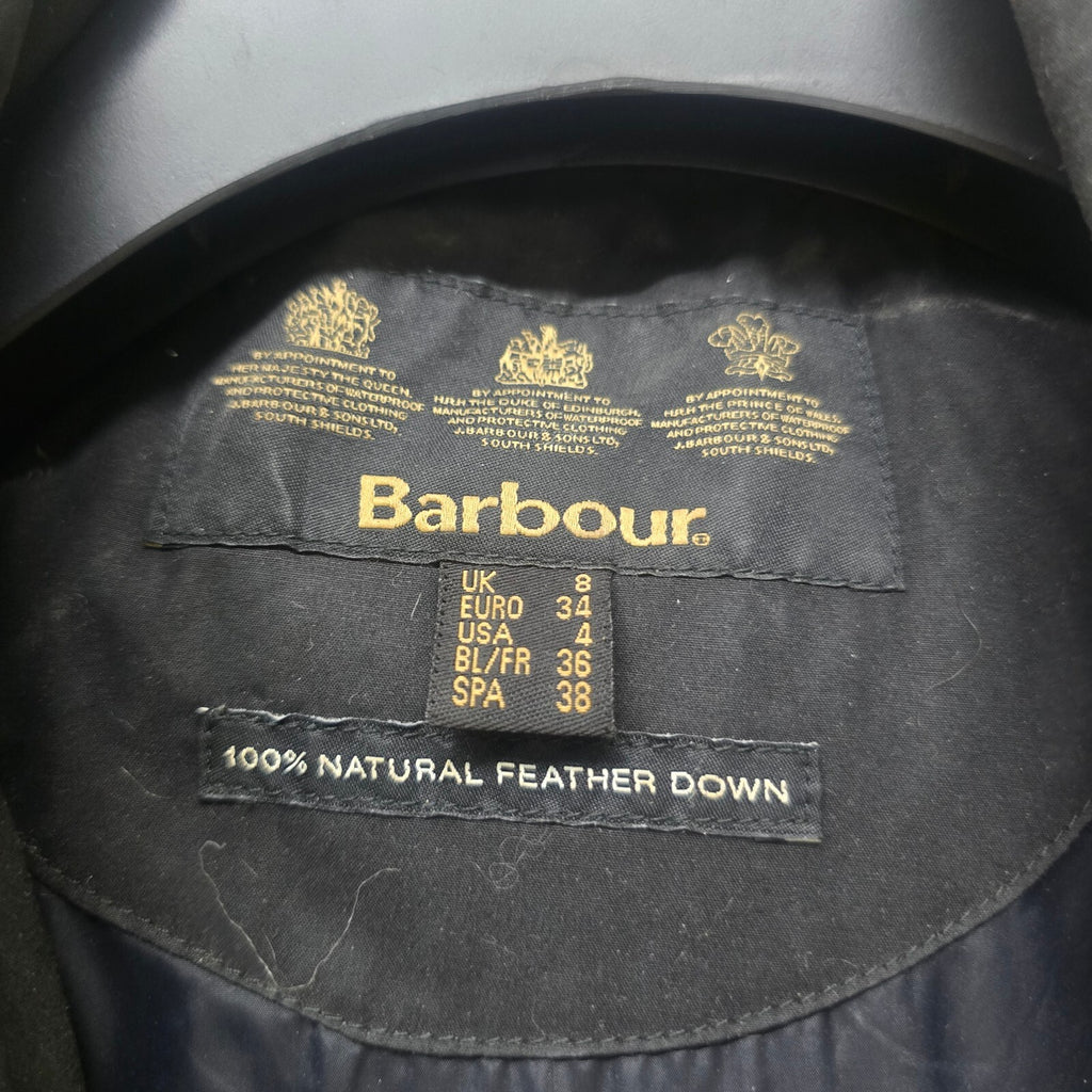 Barbour Storm Down Waterproof Wax Jacket with Faux Fur Hood Trim - UK Size 8