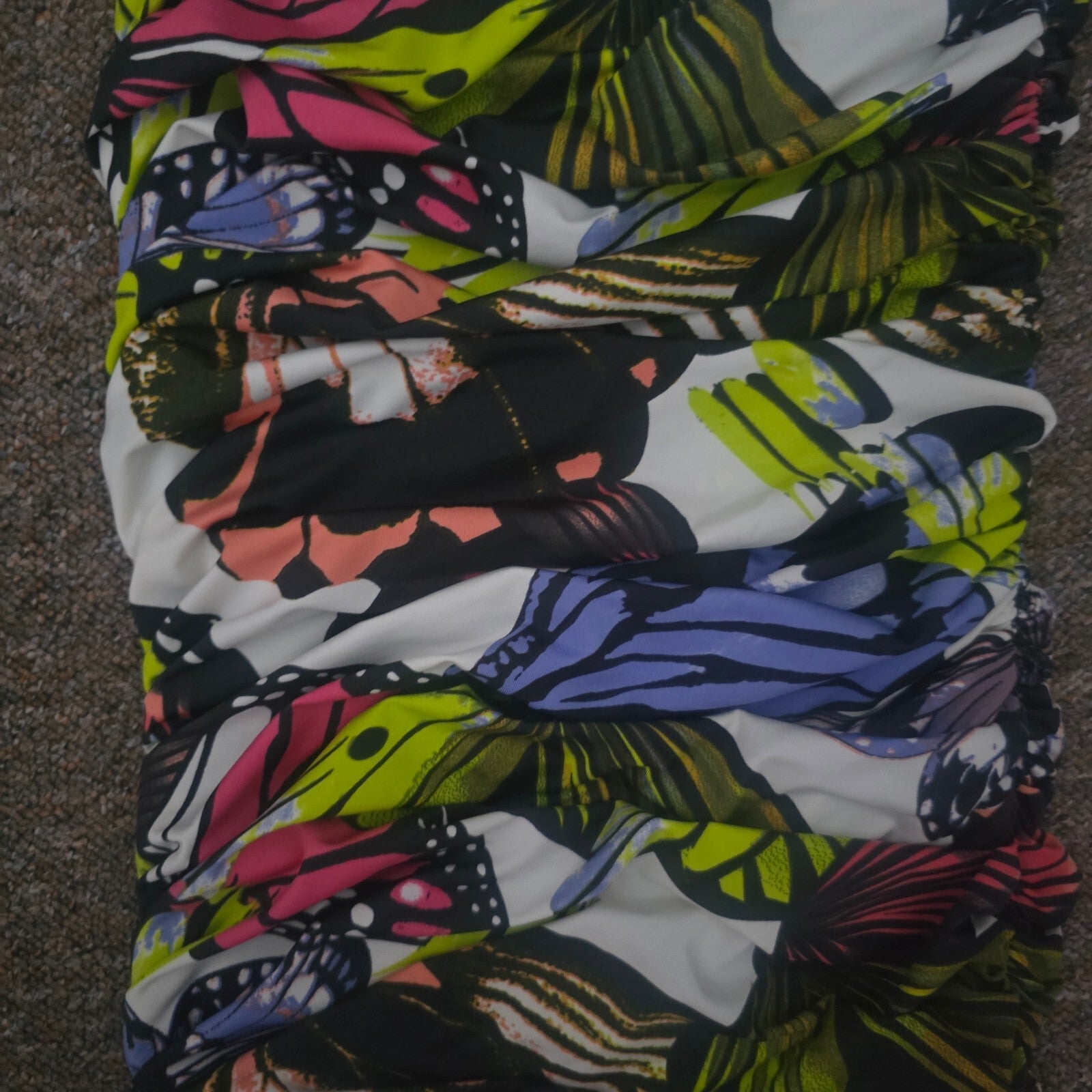 Explosion One-Shoulder Butterfly Print Ruched Dress, stretch, size 10, party